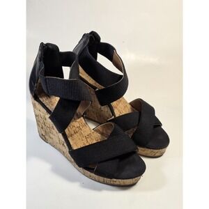 Women's Cork Wedge Platform Heeled Sandals Strappy Back Zip Fabric Black Size  8